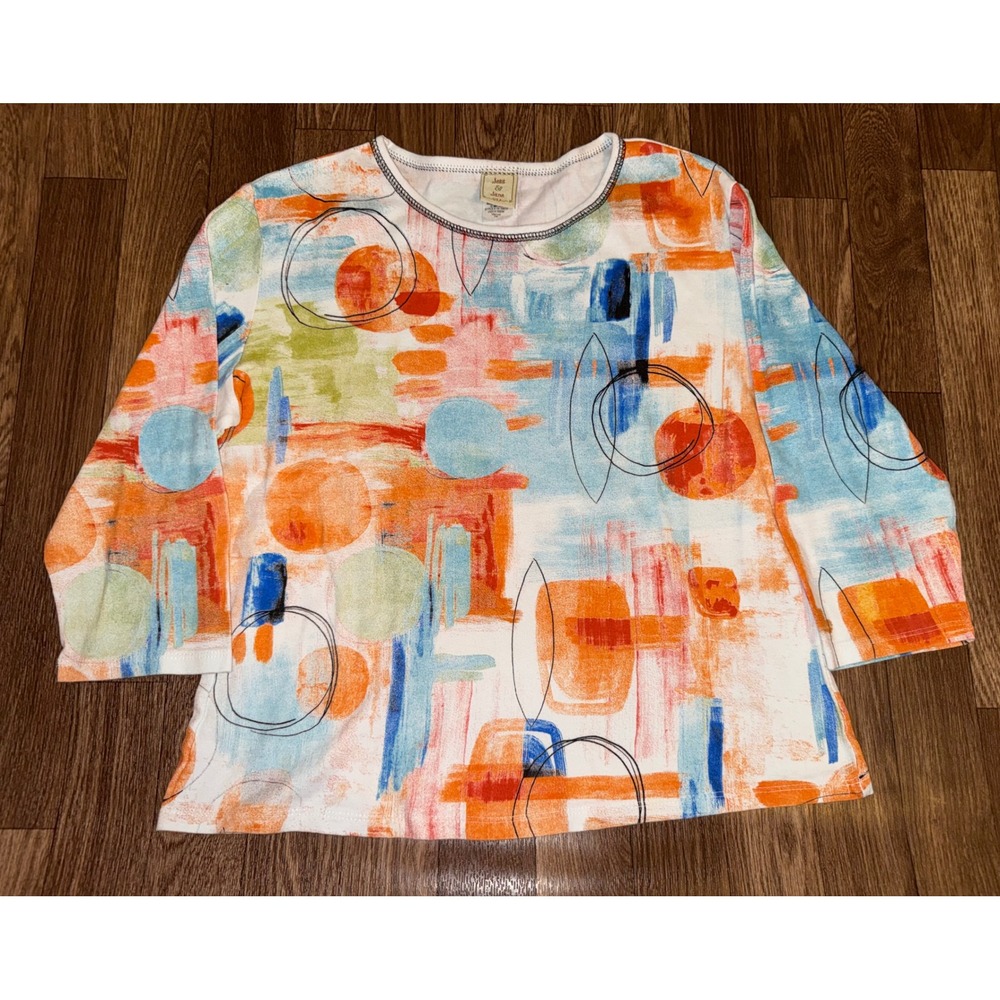 Jess & Jane Abstract Art Print Cotton Top 3/4 Sleeve White Orange Blue 14-1567P‎